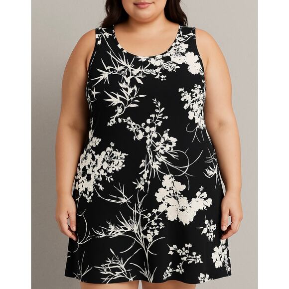 Lexington Avenue Women’s 1X Black White Floral Shift Dress Sleeveless USA Made - Picture 1 of 11